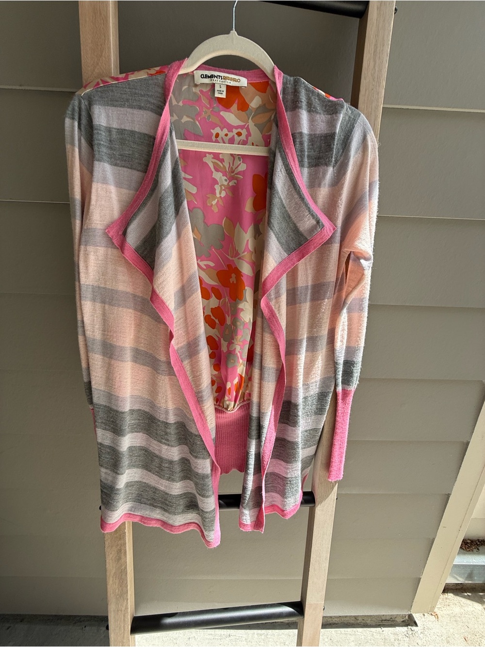 Designer Clement’s Roberto Pink & Gray Striped Open-Front Women's Sweater